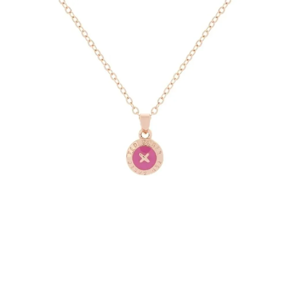Ted Baker ROSE GOLD Elvina Mini Button PINK Enamel Pendant Necklace